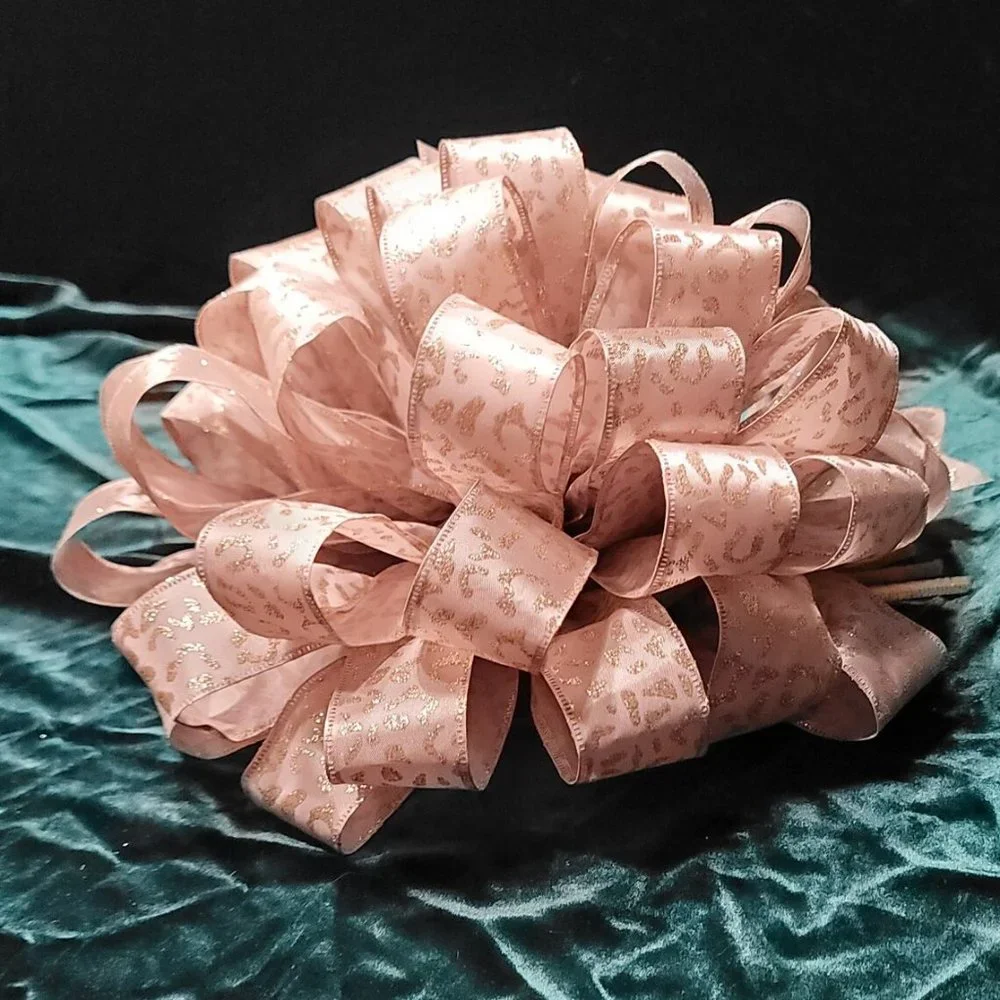 Christmas Tree Bow Topper, Champagne w Gold Glitter Cheetah Print 44 LoopTopper